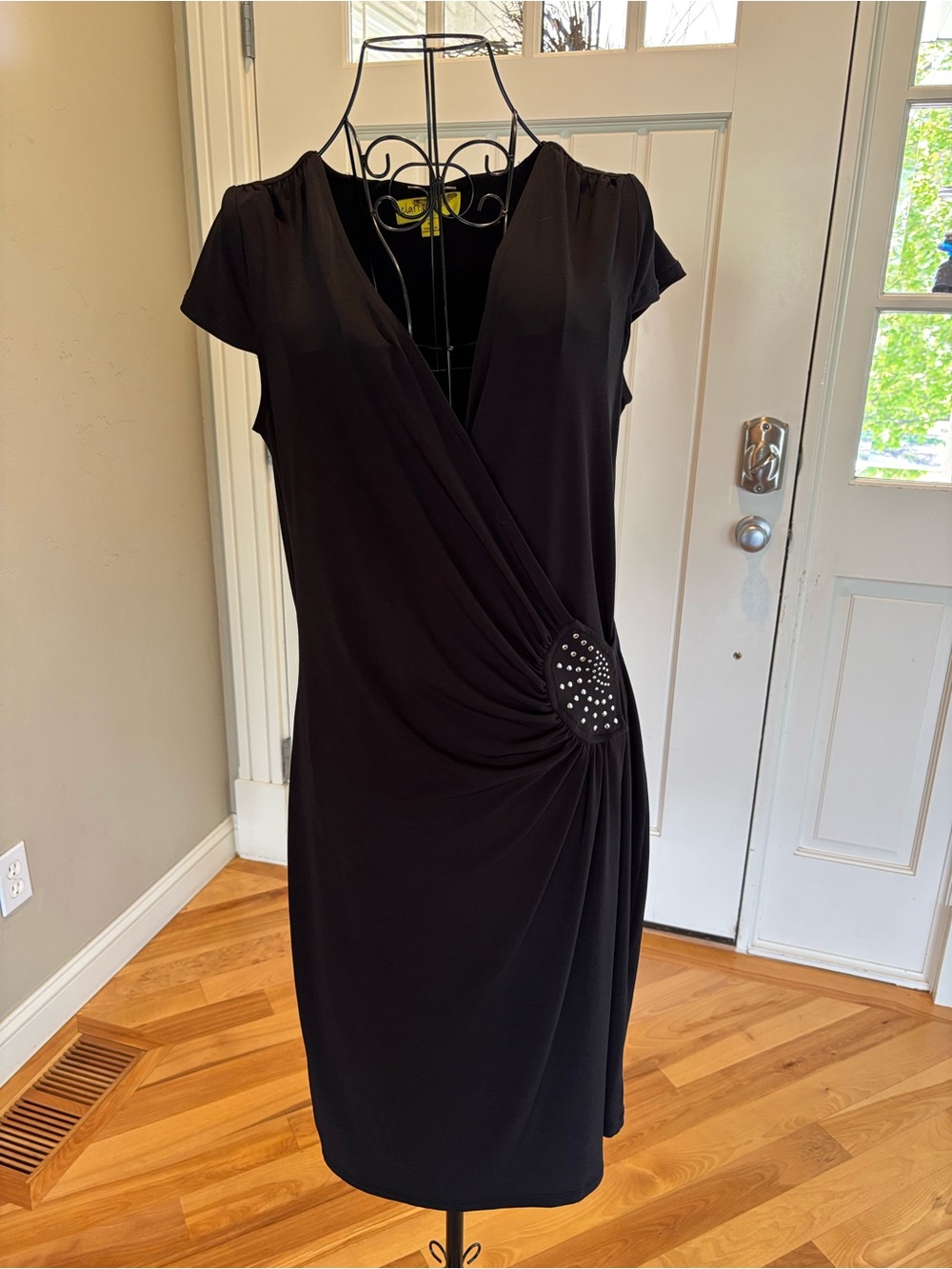Black Ruched Short-Sleeve Dress with Embellished Waist - Size 10